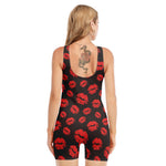 Black And Red Lips Pattern Print Sleeveless One Piece Swimsuit