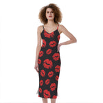 Black And Red Lips Pattern Print Slim Fit Midi Cami Dress