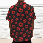 Black And Red Lips Pattern Print Textured Short Sleeve Shirt