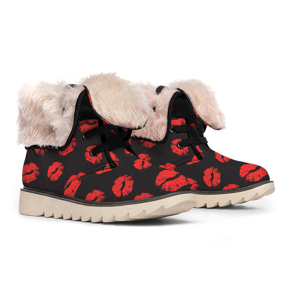 Black And Red Lips Pattern Print Winter Boots
