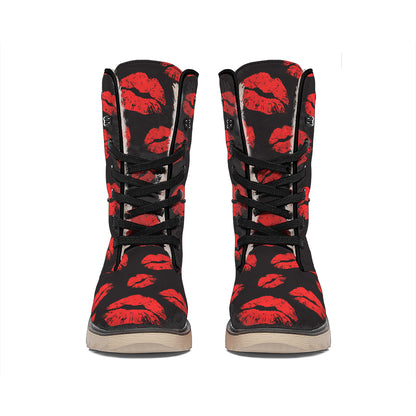 Black And Red Lips Pattern Print Winter Boots