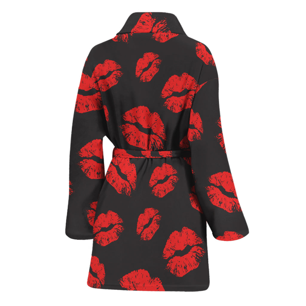 Black And Red Lips Pattern Print Women's Bathrobe