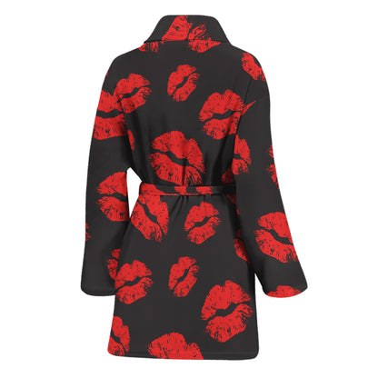 Black And Red Lips Pattern Print Women's Bathrobe