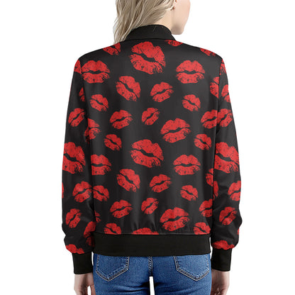 Black And Red Lips Pattern Print Women's Bomber Jacket