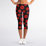 Black And Red Lips Pattern Print Women's Capri Leggings