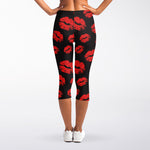 Black And Red Lips Pattern Print Women's Capri Leggings