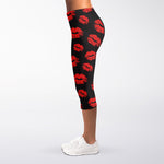 Black And Red Lips Pattern Print Women's Capri Leggings