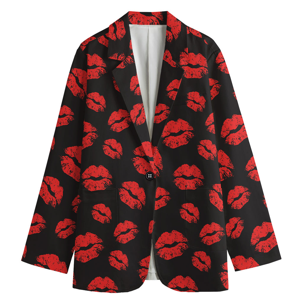Black And Red Lips Pattern Print Women's Cotton Blazer