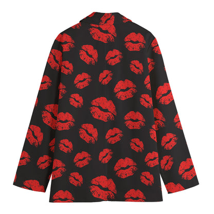 Black And Red Lips Pattern Print Women's Cotton Blazer