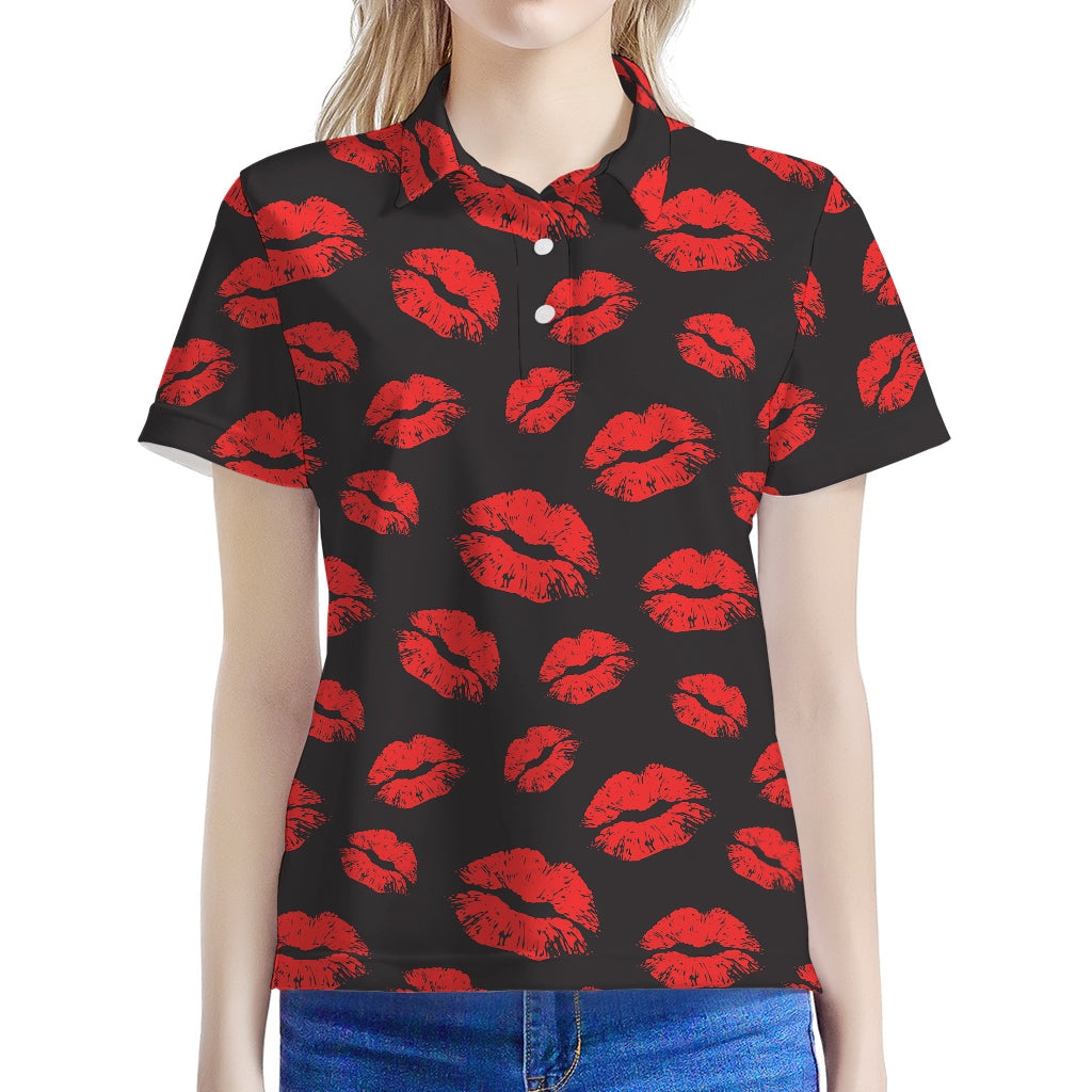 Black And Red Lips Pattern Print Women's Polo Shirt