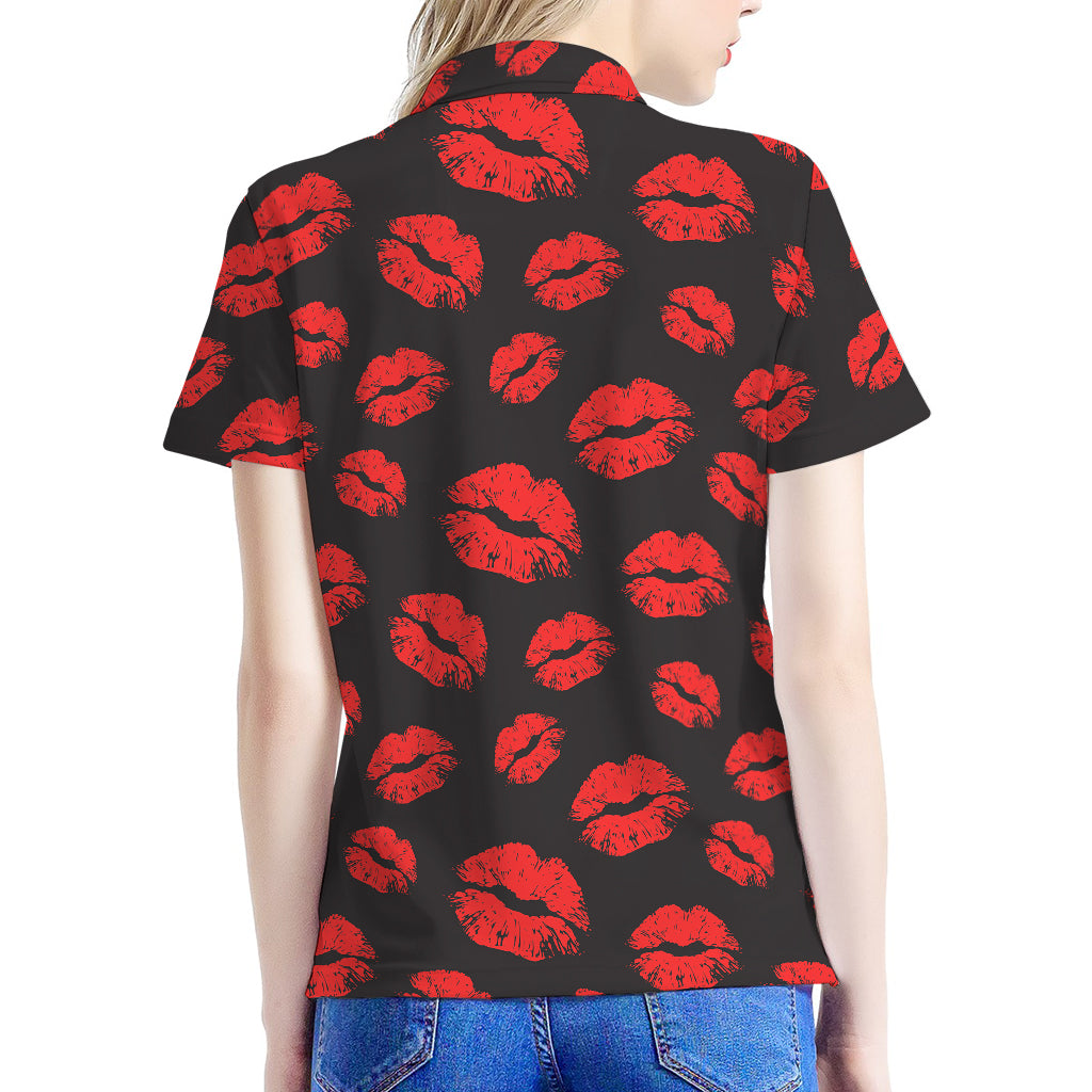 Black And Red Lips Pattern Print Women's Polo Shirt