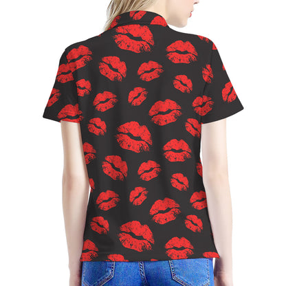 Black And Red Lips Pattern Print Women's Polo Shirt