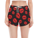 Black And Red Lips Pattern Print Women's Split Running Shorts