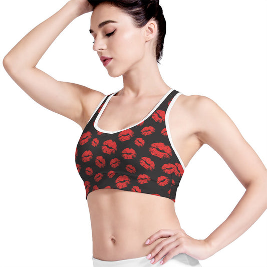 Black And Red Lips Pattern Print Women's Sports Bra