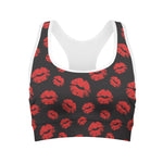 Black And Red Lips Pattern Print Women's Sports Bra