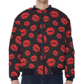 Black And Red Lips Pattern Print Zip Sleeve Bomber Jacket