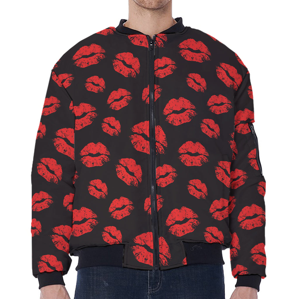 Black And Red Lips Pattern Print Zip Sleeve Bomber Jacket
