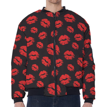 Black And Red Lips Pattern Print Zip Sleeve Bomber Jacket