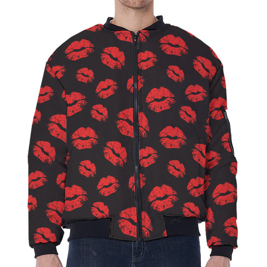 Black And Red Lips Pattern Print Zip Sleeve Bomber Jacket