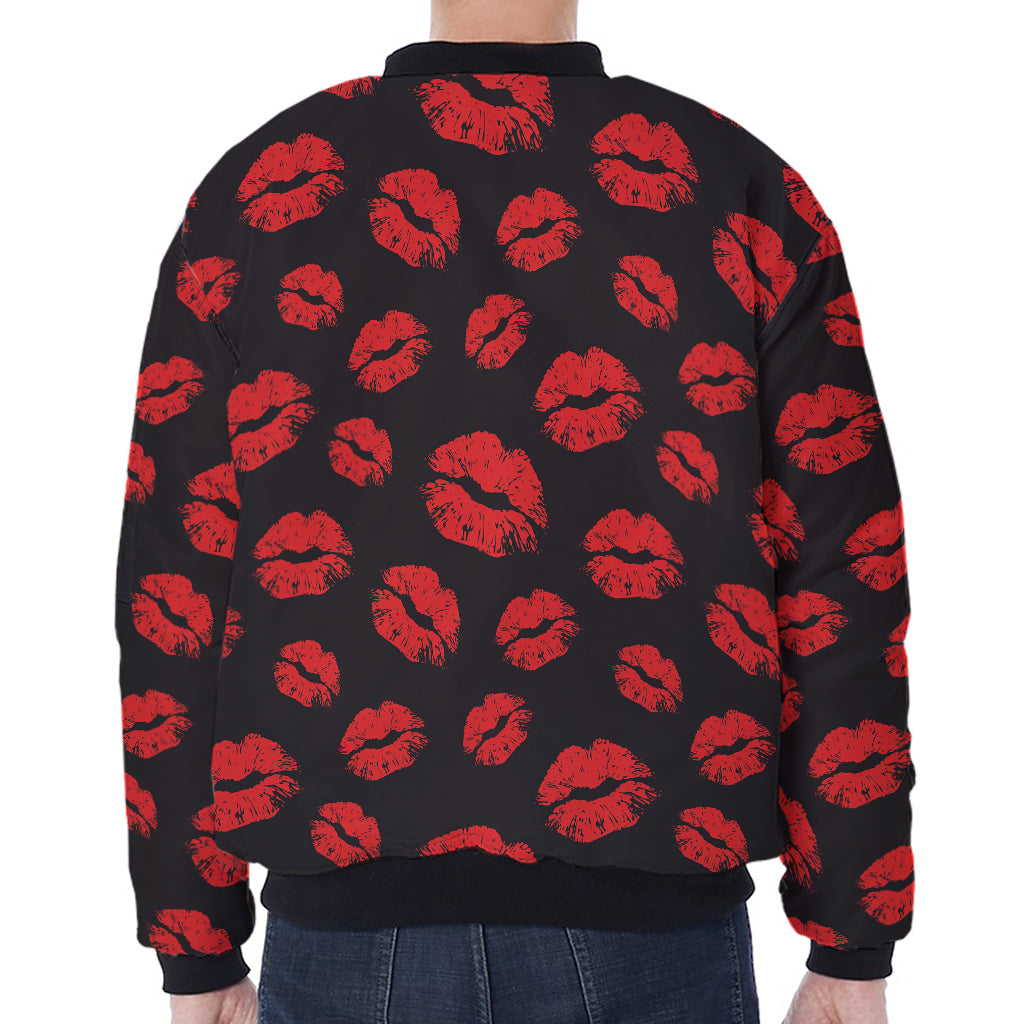 Black And Red Lips Pattern Print Zip Sleeve Bomber Jacket