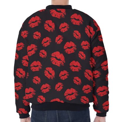 Black And Red Lips Pattern Print Zip Sleeve Bomber Jacket