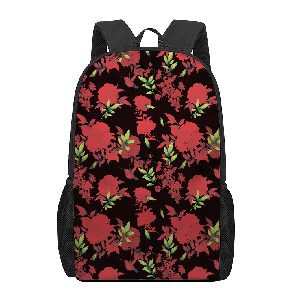 Black And Red Roses Floral Print 17 Inch Backpack
