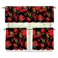 Black And Red Roses Floral Print 3 Piece Kitchen Curtains