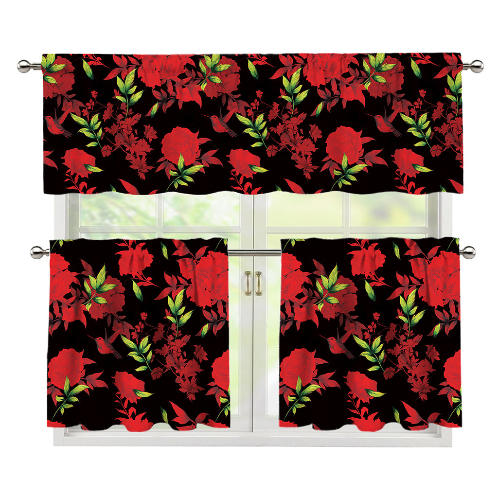 Black And Red Roses Floral Print 3 Piece Kitchen Curtains