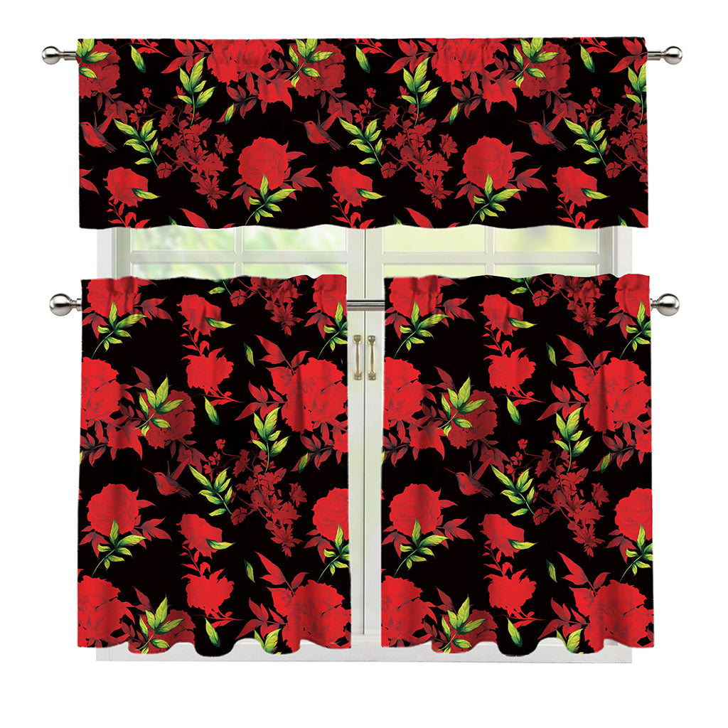 Black And Red Roses Floral Print 3 Piece Kitchen Curtains