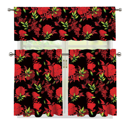 Black And Red Roses Floral Print 3 Piece Kitchen Curtains