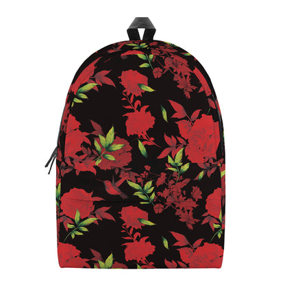 Black And Red Roses Floral Print Backpack
