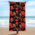 Black And Red Roses Floral Print Beach Towel