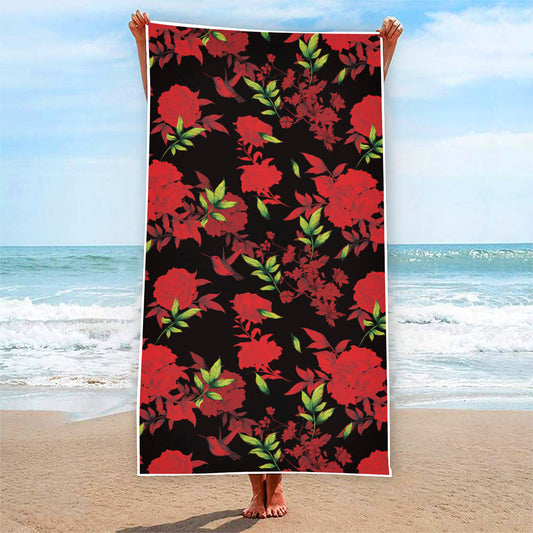 Black And Red Roses Floral Print Beach Towel