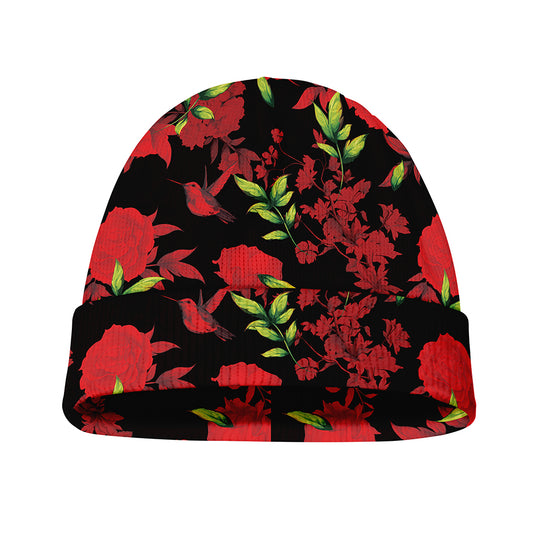 Black And Red Roses Floral Print Beanie
