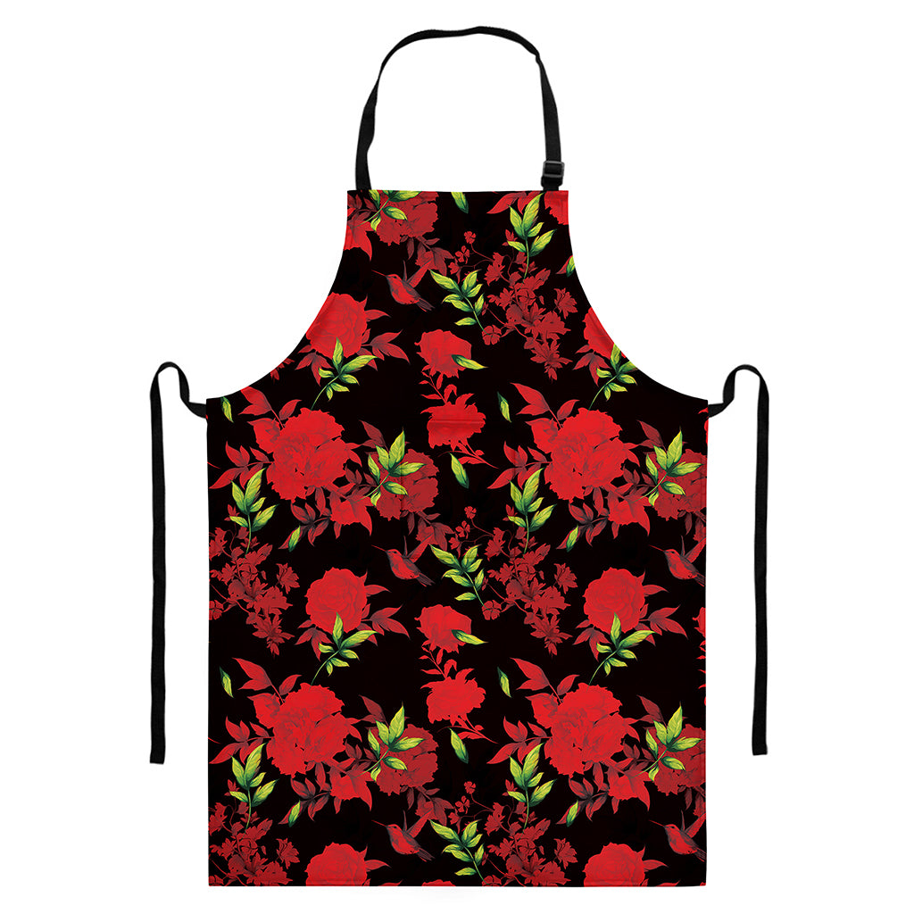 Black And Red Roses Floral Print Bib Apron With Pocket