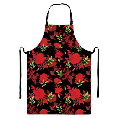 Black And Red Roses Floral Print Bib Apron With Pocket