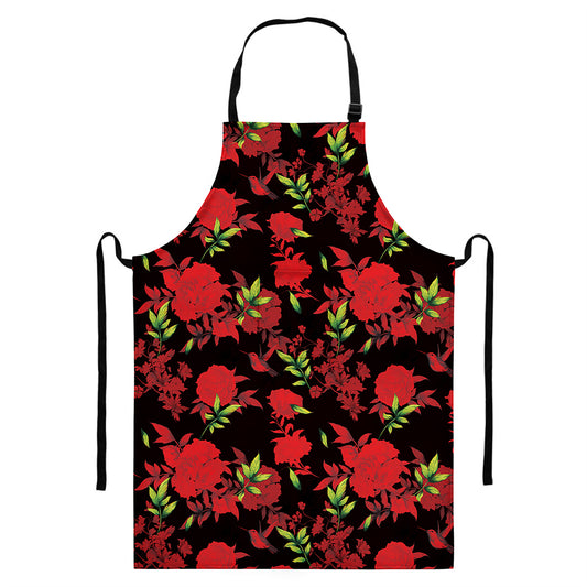 Black And Red Roses Floral Print Bib Apron With Pocket