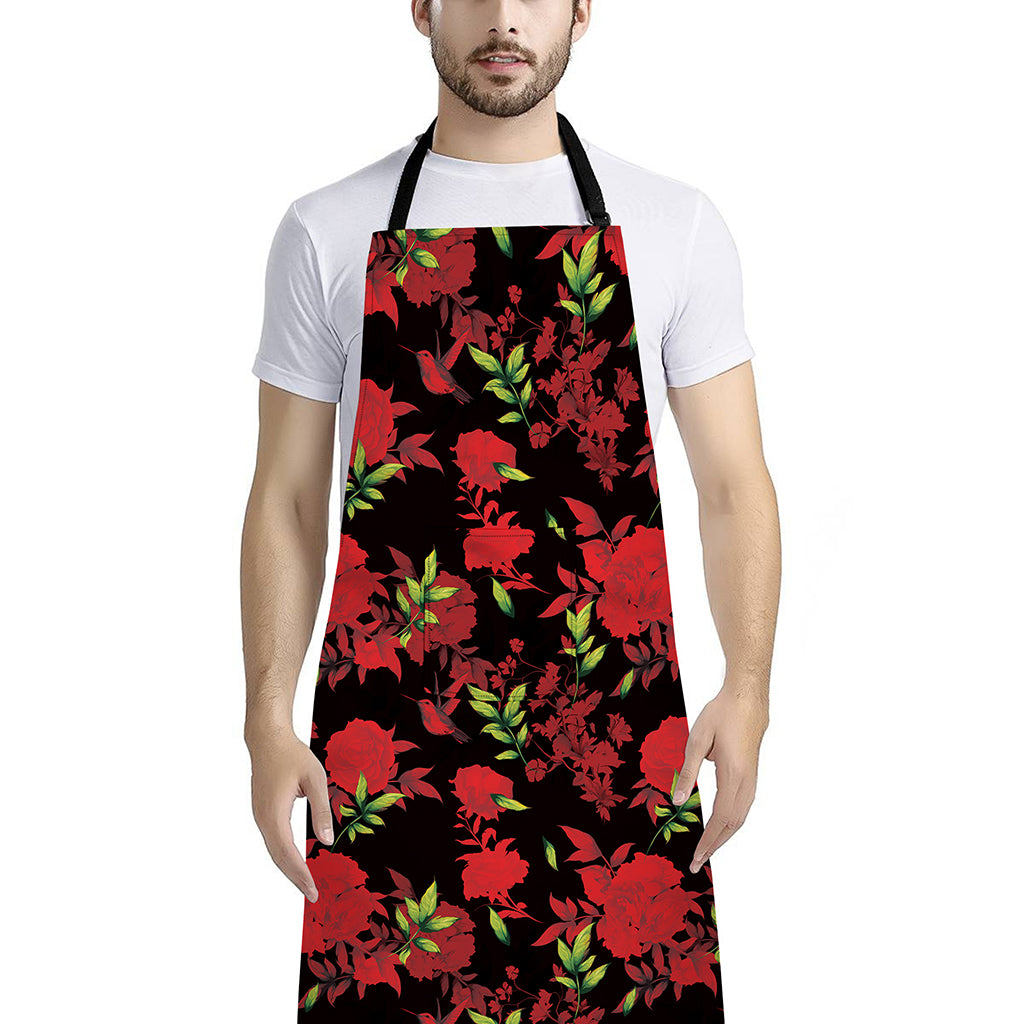 Black And Red Roses Floral Print Bib Apron With Pocket