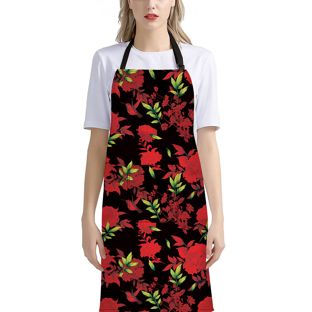 Black And Red Roses Floral Print Bib Apron With Pocket