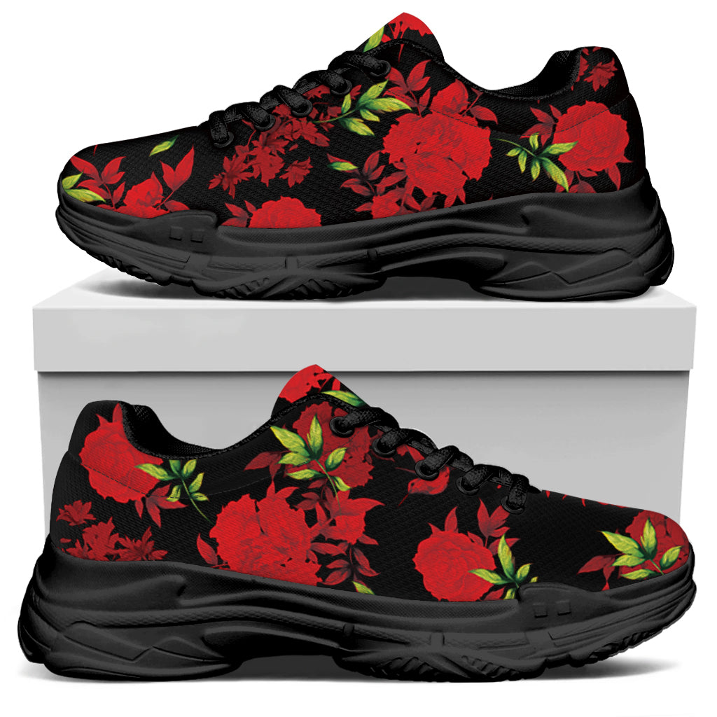 Black And Red Roses Floral Print Black Chunky Shoes