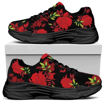 Black And Red Roses Floral Print Black Chunky Shoes