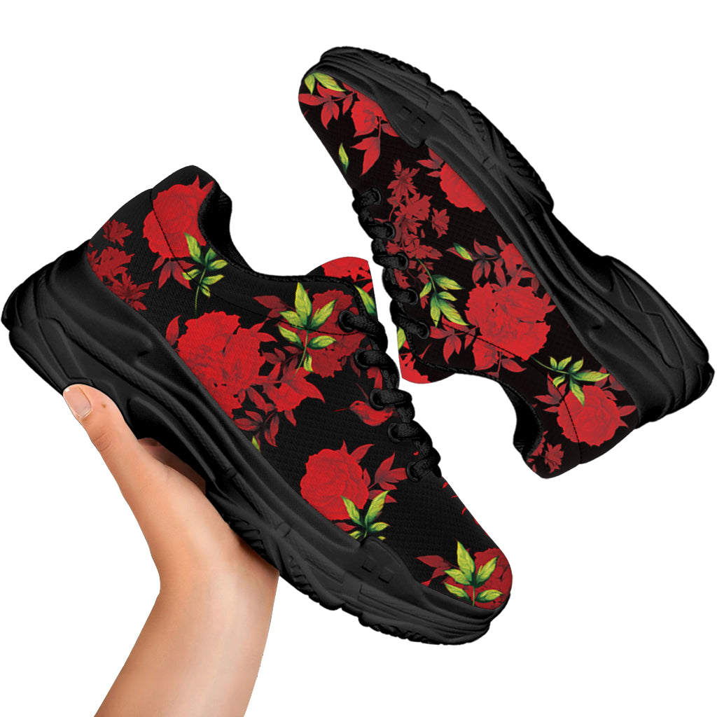Black And Red Roses Floral Print Black Chunky Shoes – GearFrost