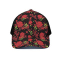 Black And Red Roses Floral Print Black Mesh Trucker Hat