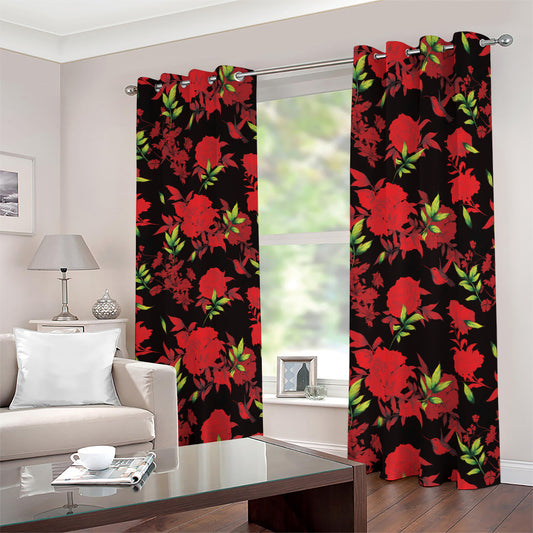 Black And Red Roses Floral Print Blackout Grommet Curtains