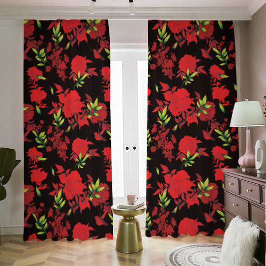 Black And Red Roses Floral Print Blackout Pencil Pleat Curtains
