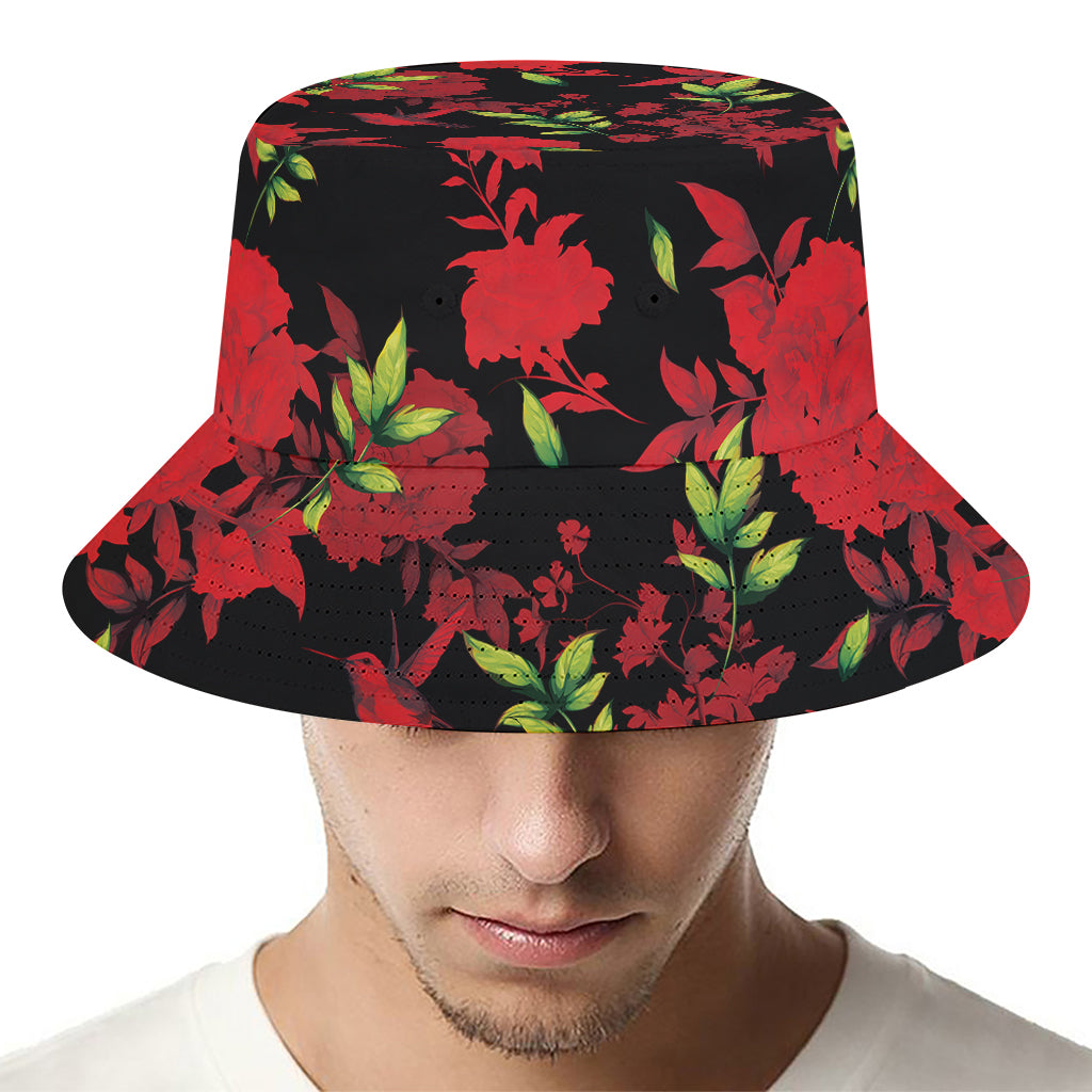 Black And Red Roses Floral Print Bucket Hat