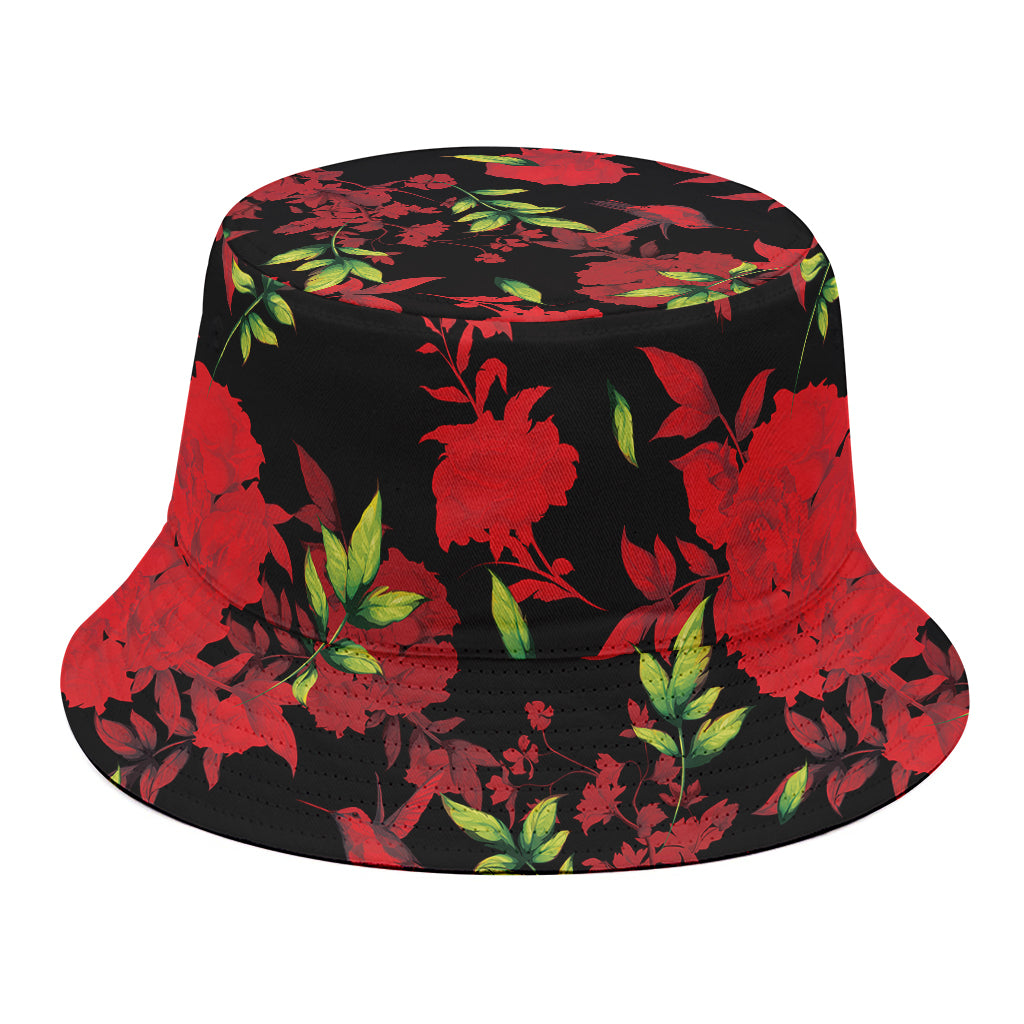 Black And Red Roses Floral Print Bucket Hat
