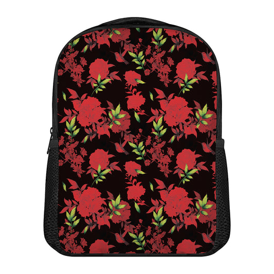 Black And Red Roses Floral Print Casual Backpack