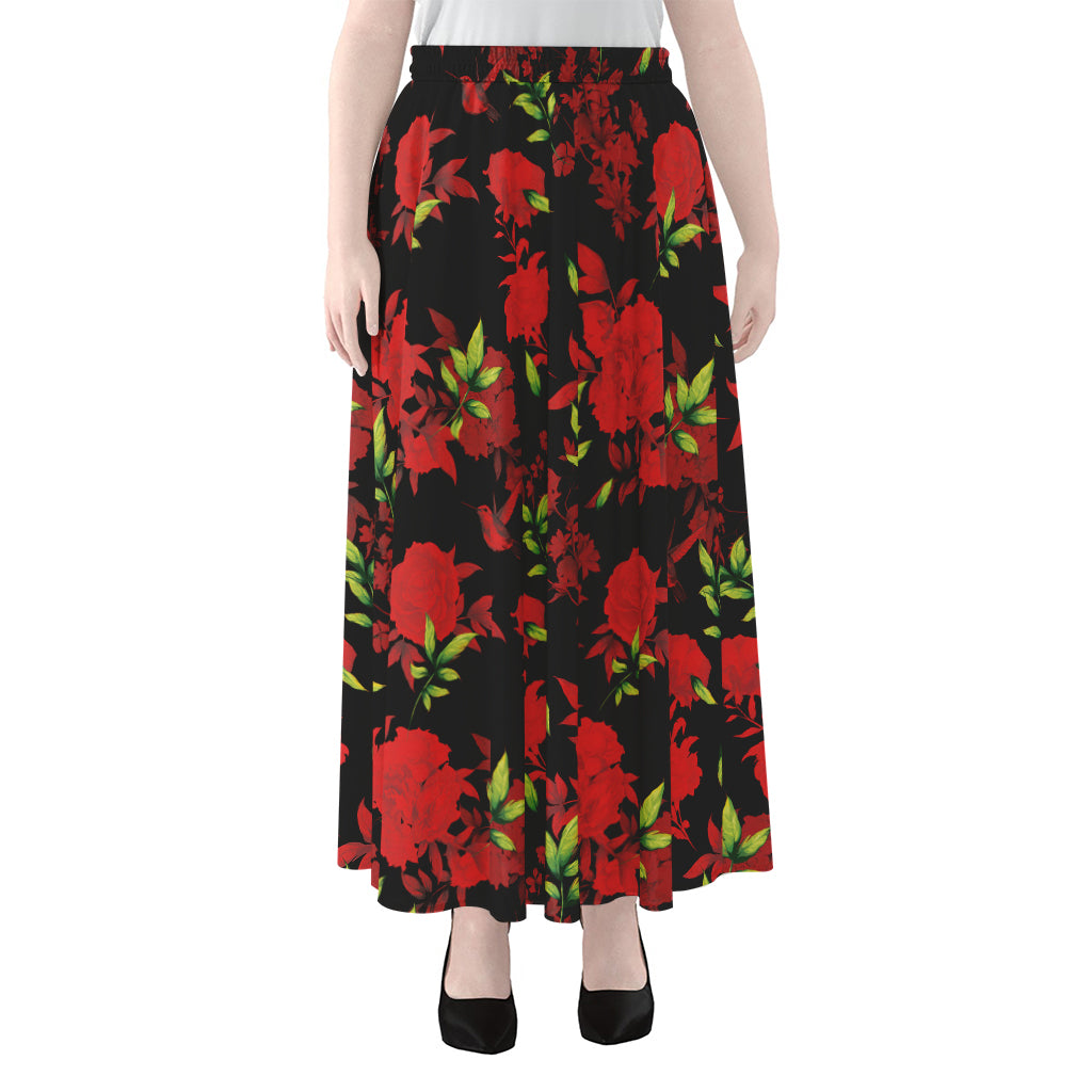 Black And Red Roses Floral Print Chiffon Maxi Skirt