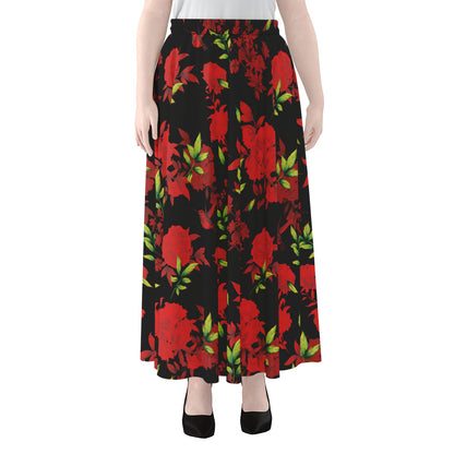 Black And Red Roses Floral Print Chiffon Maxi Skirt
